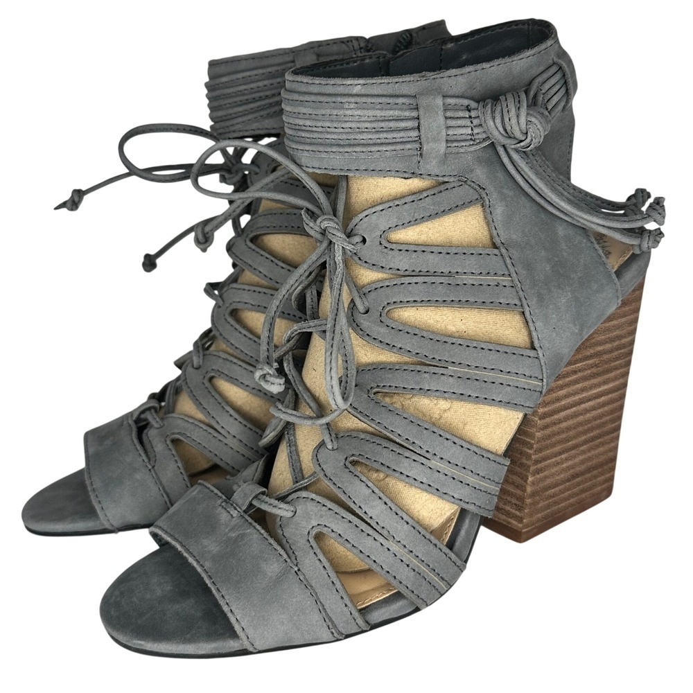 Vince Camuto Ranata‎ Grey Leather Cage Lace Up Block Heel Sandals 6.5M VC-RANATA